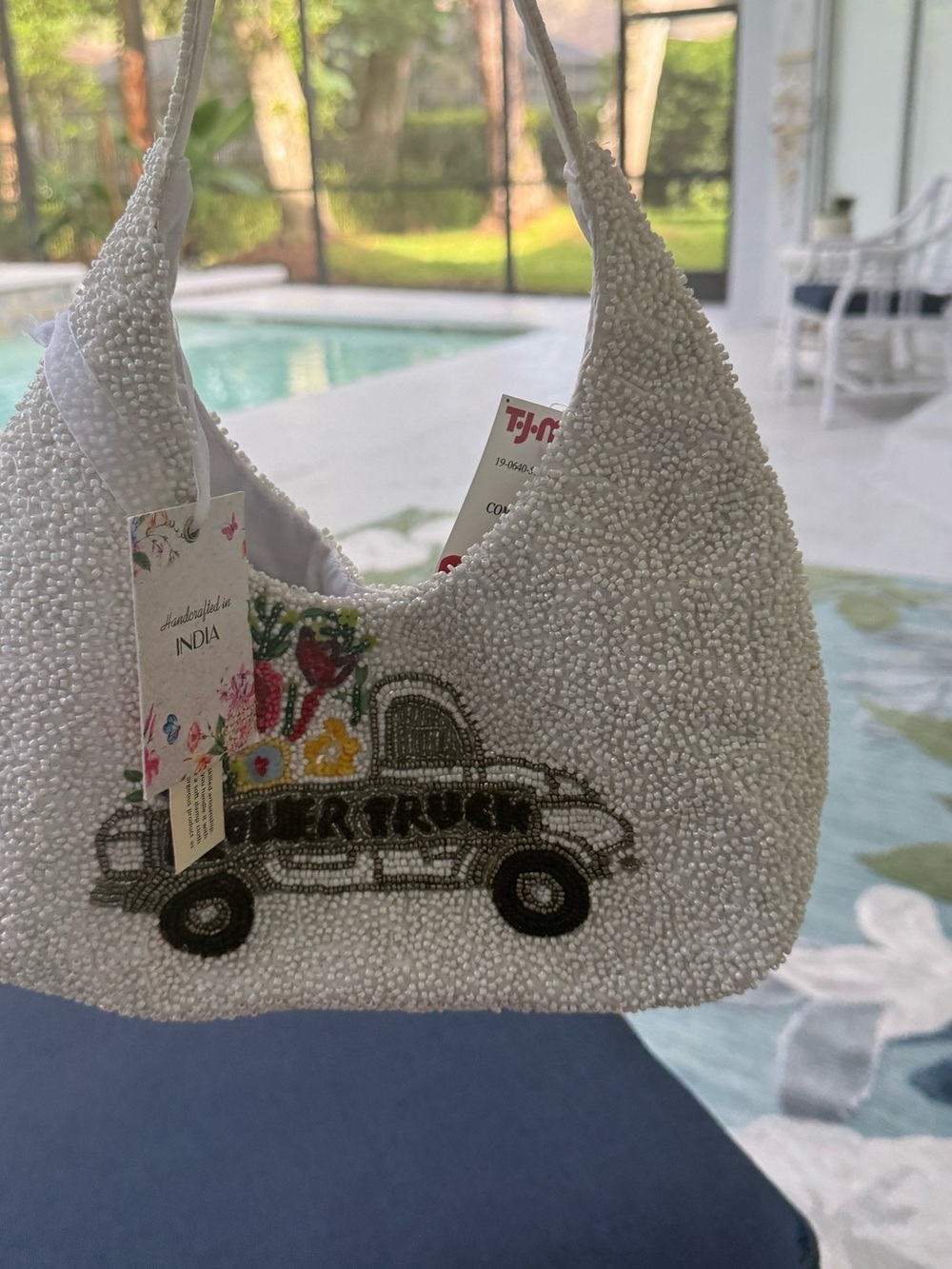 Hand-Beaded Kids Shoulder Bag with Flower Truck Design - White